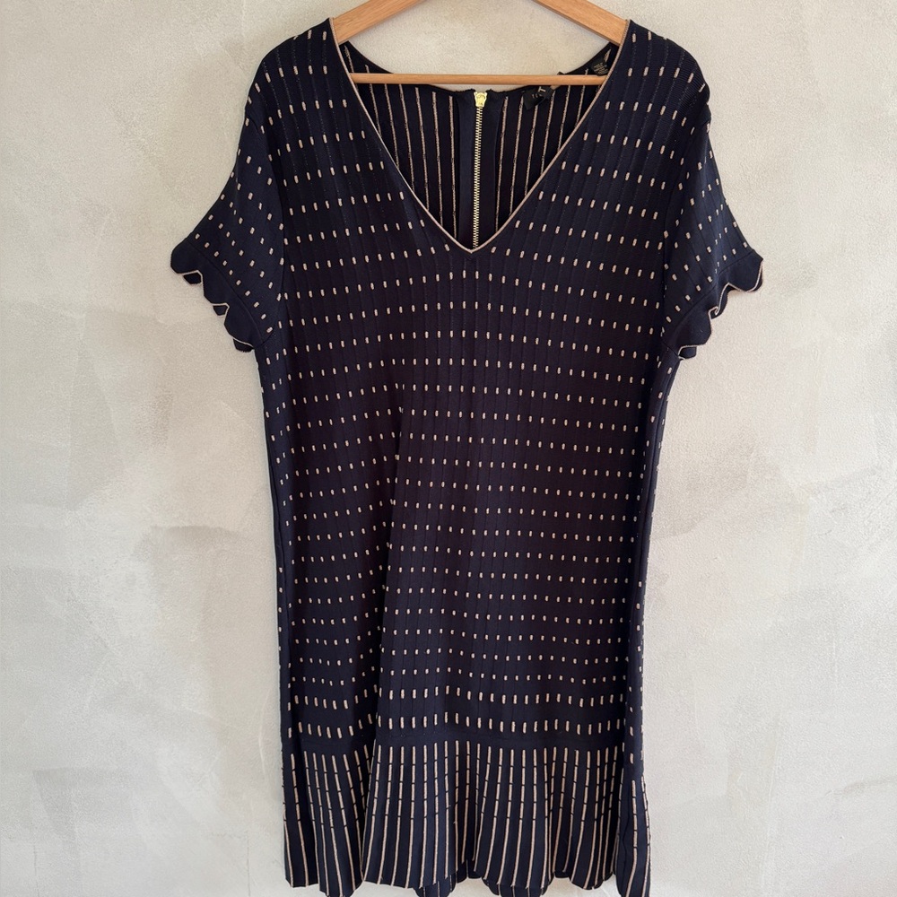 Ted Baker - Navy Blue/Gold Stretch Knit Dress - Size 12